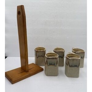 Vtg (5) Rodolfo Padilla Drip Glazed Brown Tan  Blue Coffee Cups Mugs w/ Stand
